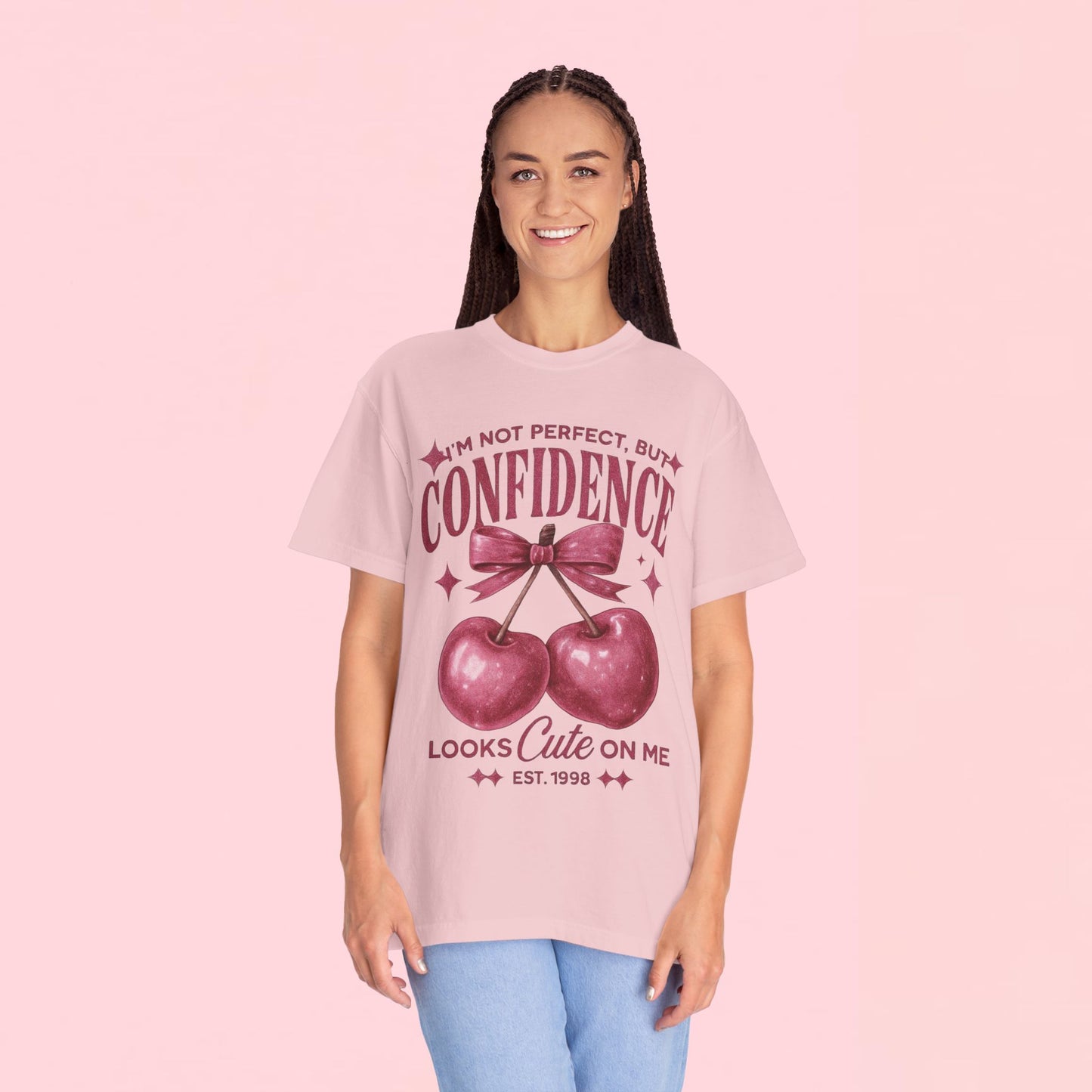 "I'm Not Perfect, But My Confidence Looks Cute on Me" Cherry Graphic T-Shirt