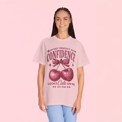"I'm Not Perfect, But My Confidence Looks Cute on Me" Cherry Graphic T-Shirt