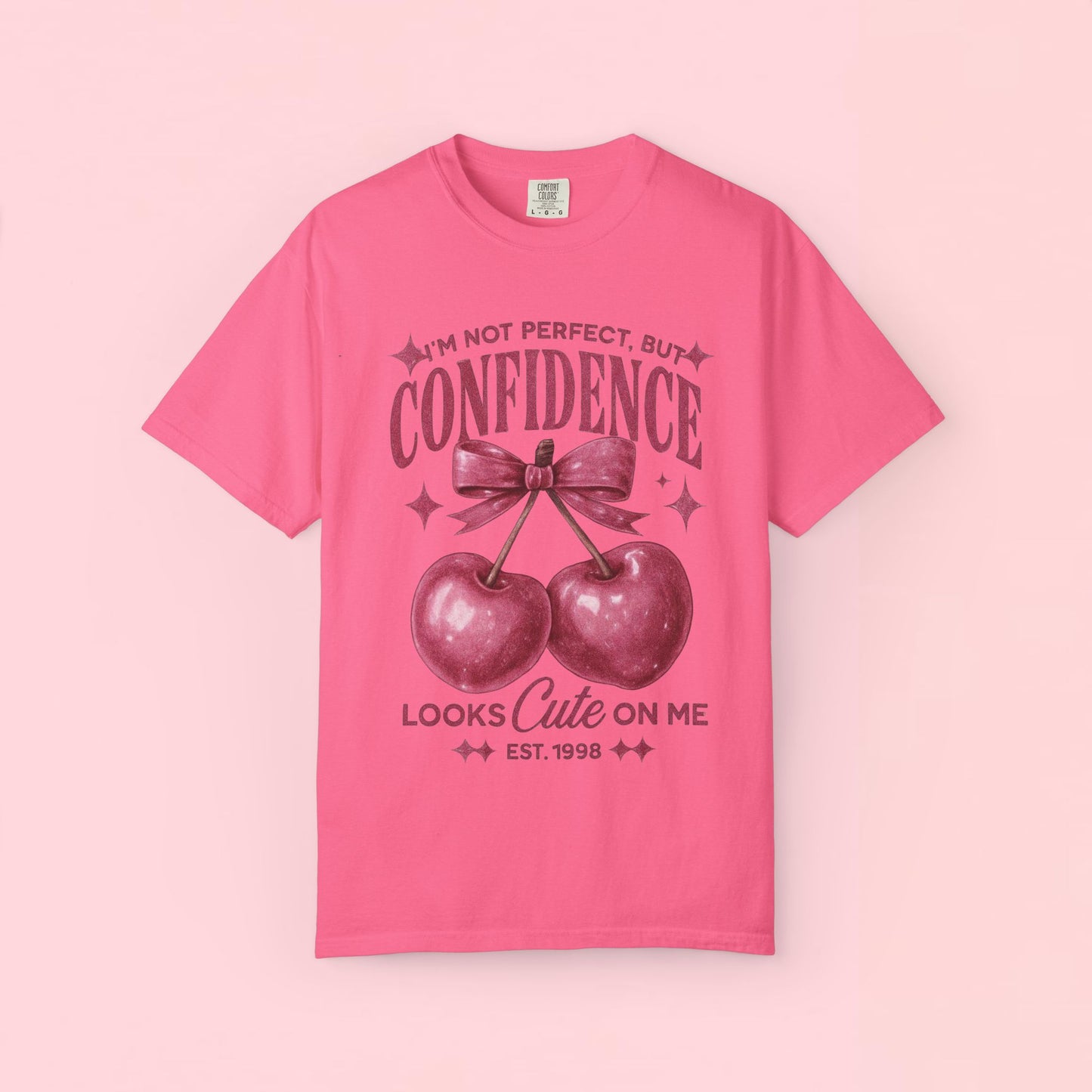 "I'm Not Perfect, But My Confidence Looks Cute on Me" Cherry Graphic T-Shirt
