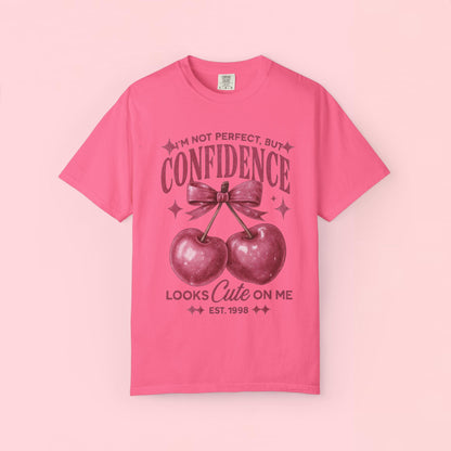 "I'm Not Perfect, But My Confidence Looks Cute on Me" Cherry Graphic T-Shirt