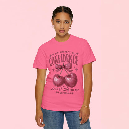 "I'm Not Perfect, But My Confidence Looks Cute on Me" Cherry Graphic T-Shirt