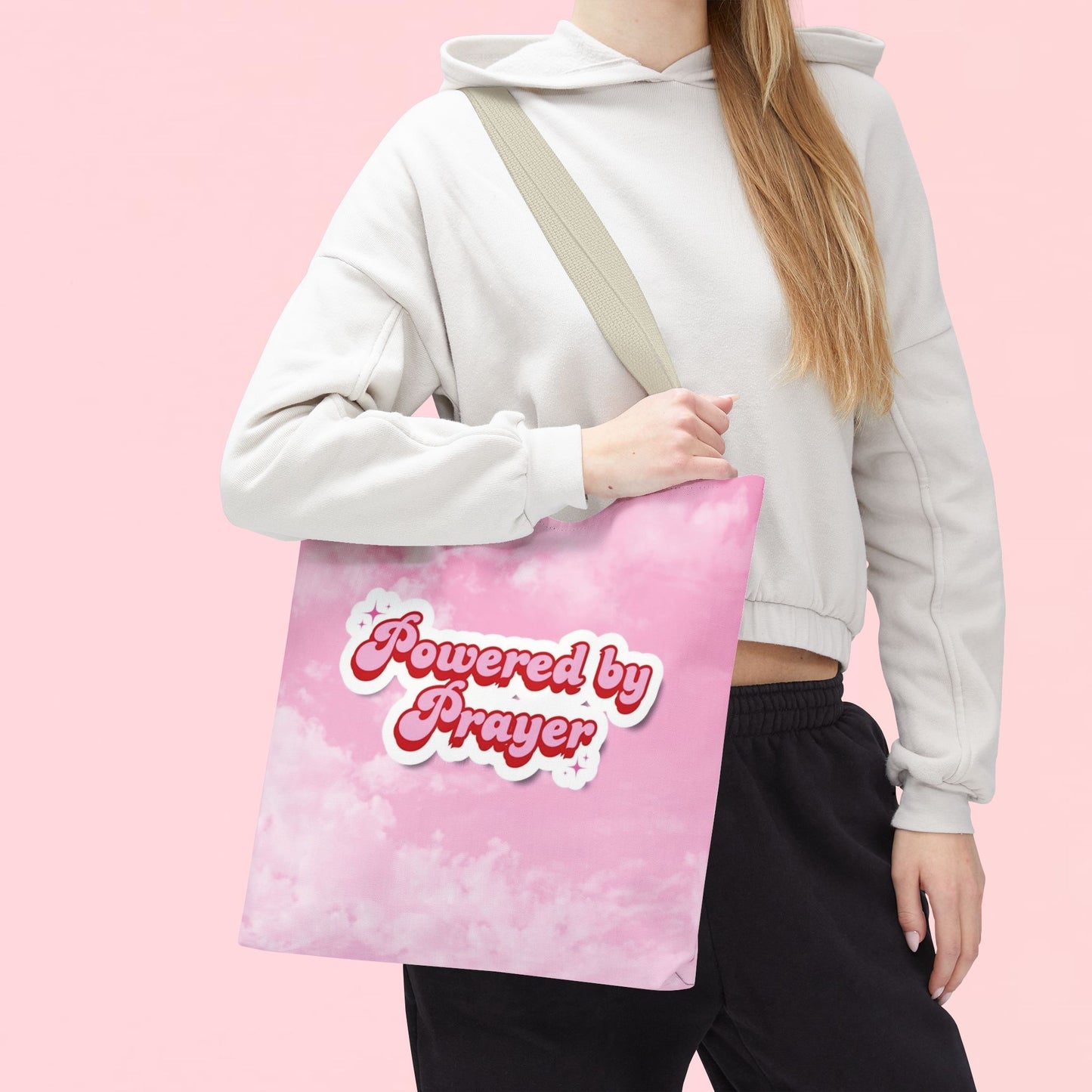 "Powered By Prayer" Pink Cloud Inspirational Tote Bag