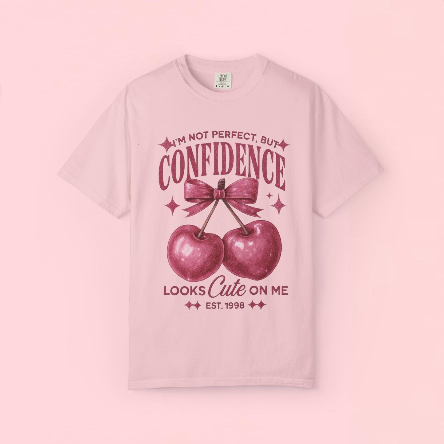 "I'm Not Perfect, But My Confidence Looks Cute on Me" Cherry Graphic T-Shirt