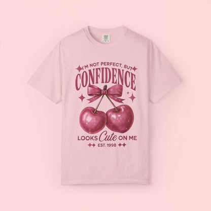 "I'm Not Perfect, But My Confidence Looks Cute on Me" Cherry Graphic T-Shirt