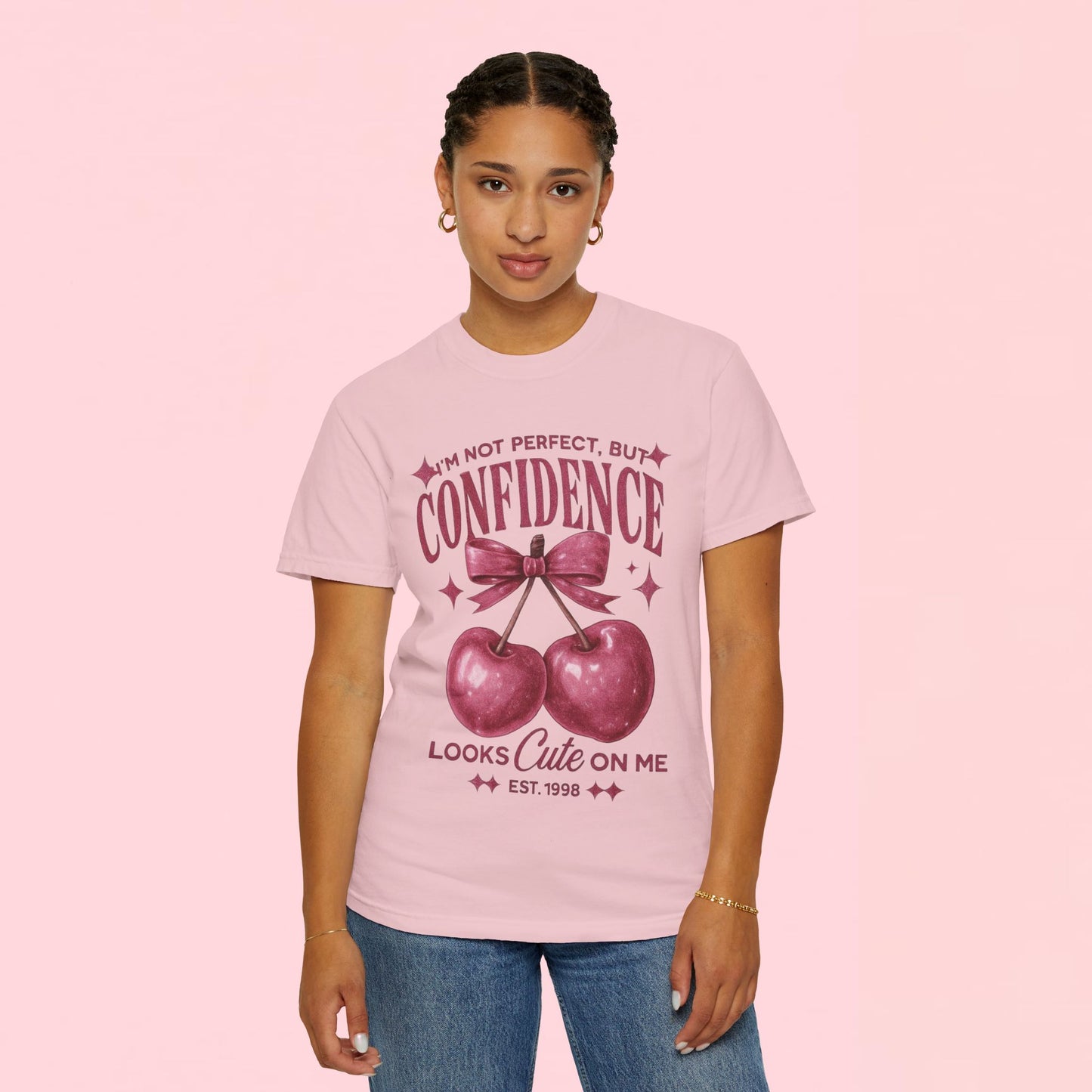 "I'm Not Perfect, But My Confidence Looks Cute on Me" Cherry Graphic T-Shirt