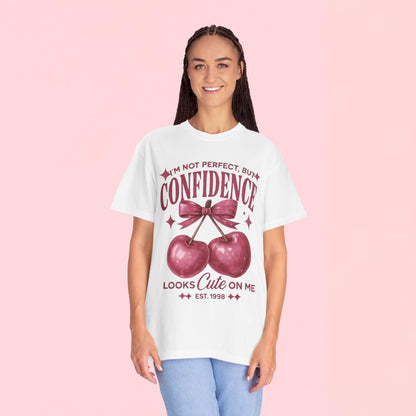 "I'm Not Perfect, But My Confidence Looks Cute on Me" Cherry Graphic T-Shirt
