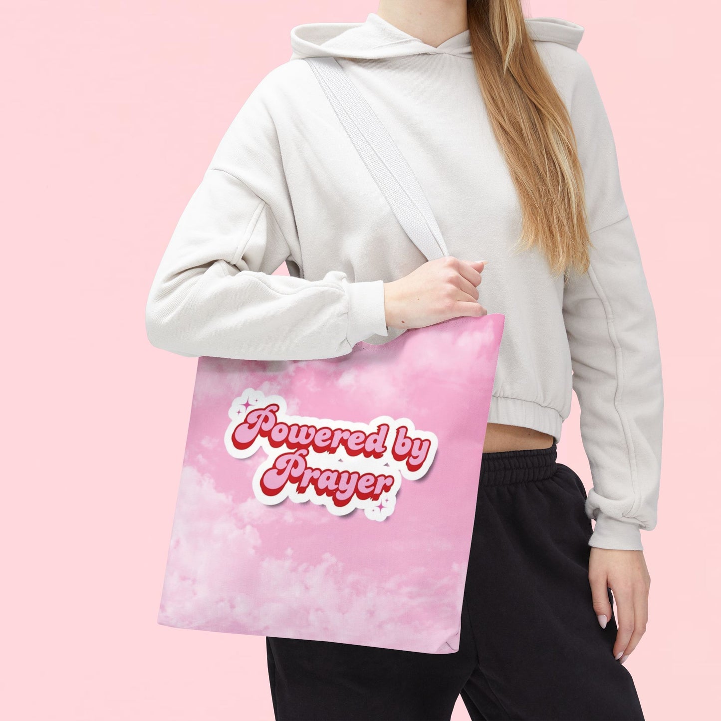 "Powered By Prayer" Pink Cloud Inspirational Tote Bag