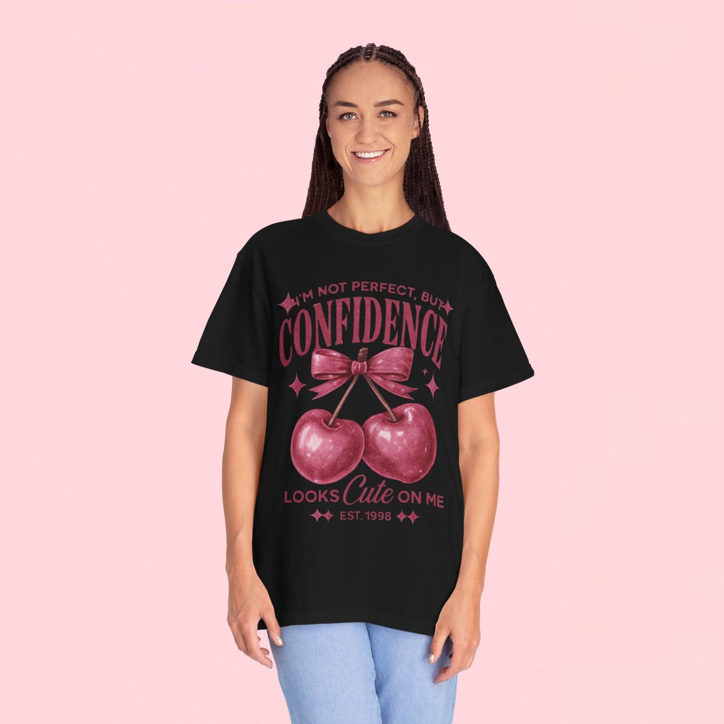 "I'm Not Perfect, But My Confidence Looks Cute on Me" Cherry Graphic T-Shirt