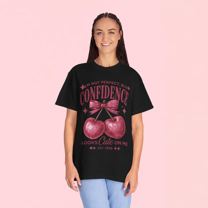 "I'm Not Perfect, But My Confidence Looks Cute on Me" Cherry Graphic T-Shirt