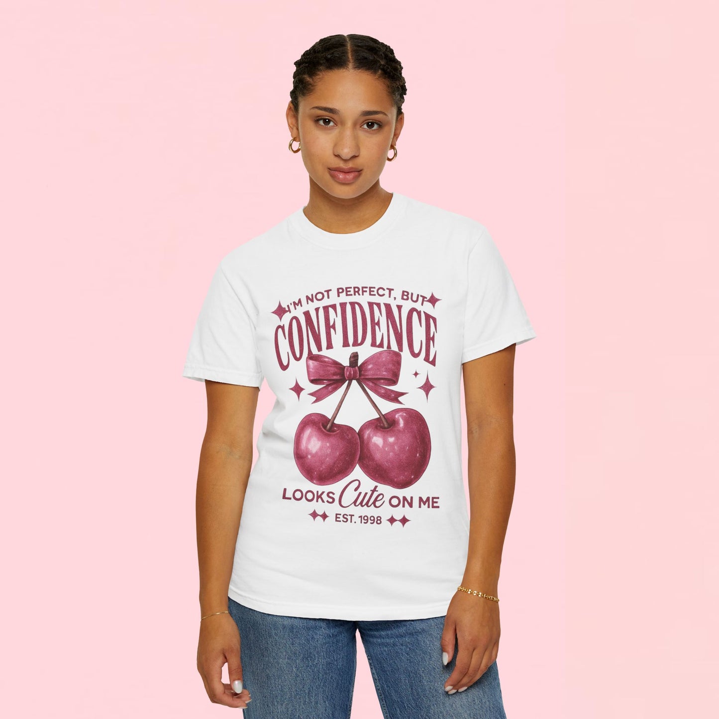 "I'm Not Perfect, But My Confidence Looks Cute on Me" Cherry Graphic T-Shirt