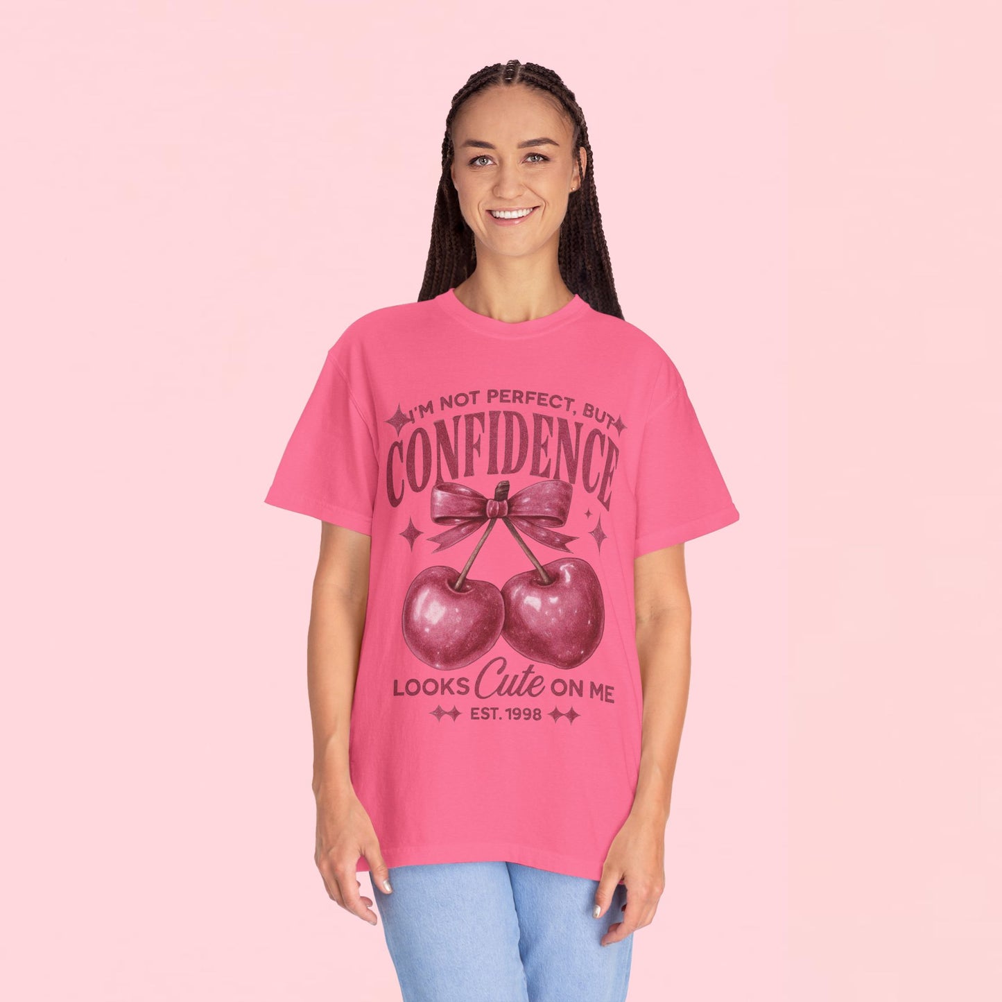 "I'm Not Perfect, But My Confidence Looks Cute on Me" Cherry Graphic T-Shirt