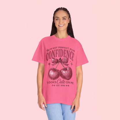 "I'm Not Perfect, But My Confidence Looks Cute on Me" Cherry Graphic T-Shirt