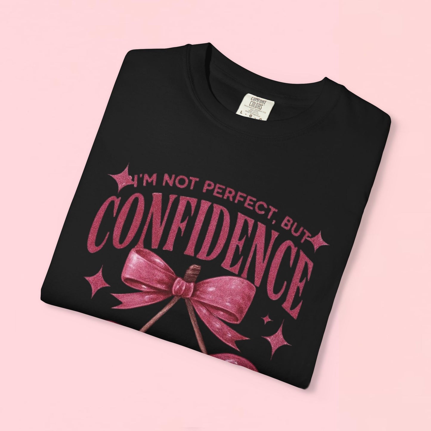"I'm Not Perfect, But My Confidence Looks Cute on Me" Cherry Graphic T-Shirt