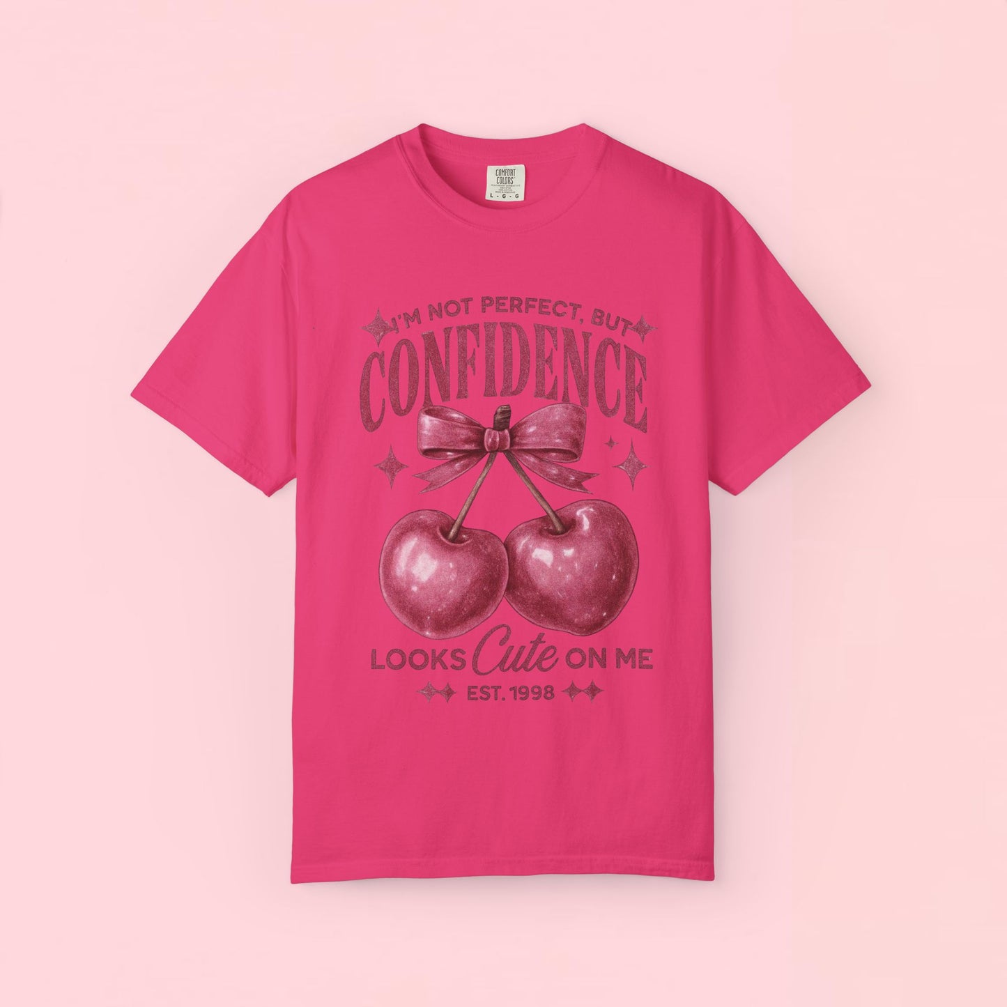 "I'm Not Perfect, But My Confidence Looks Cute on Me" Cherry Graphic T-Shirt