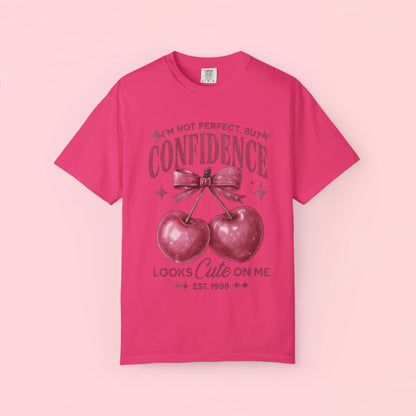 "I'm Not Perfect, But My Confidence Looks Cute on Me" Cherry Graphic T-Shirt