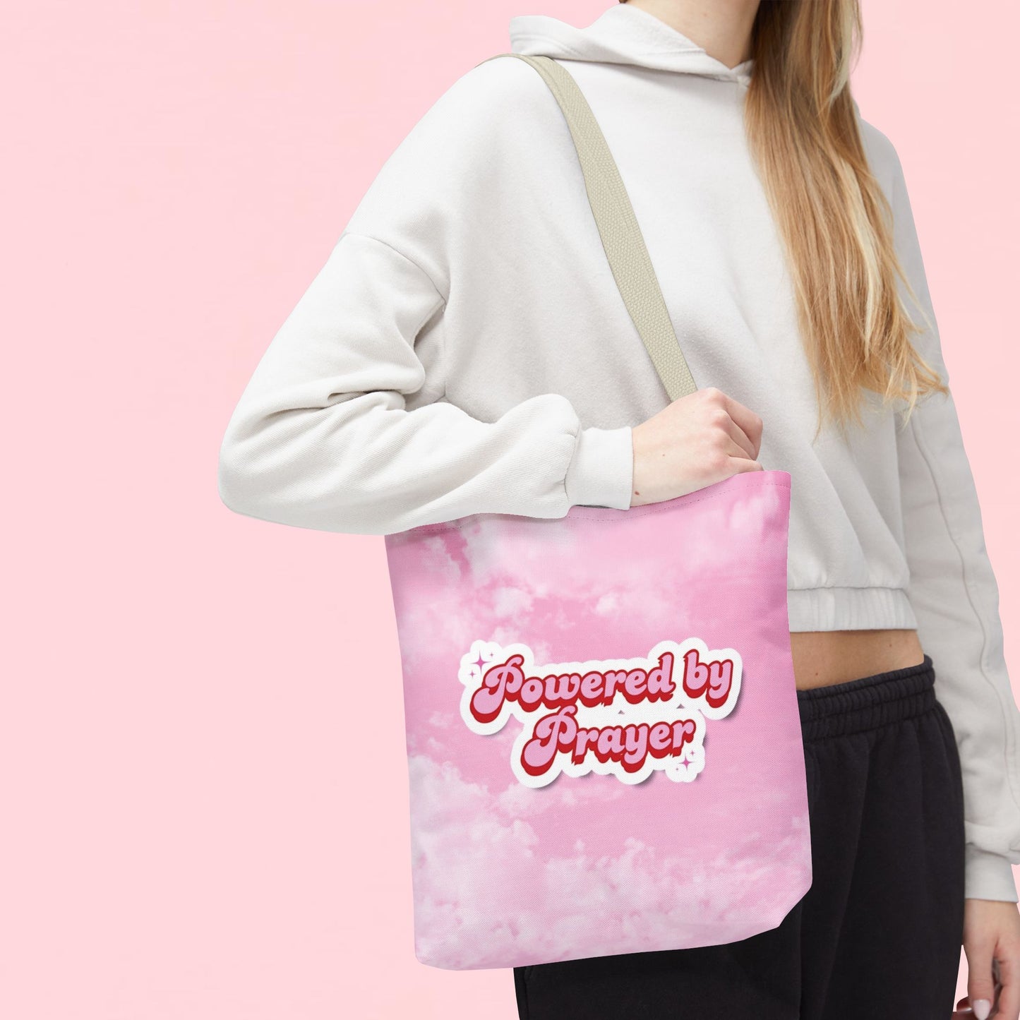 "Powered By Prayer" Pink Cloud Inspirational Tote Bag