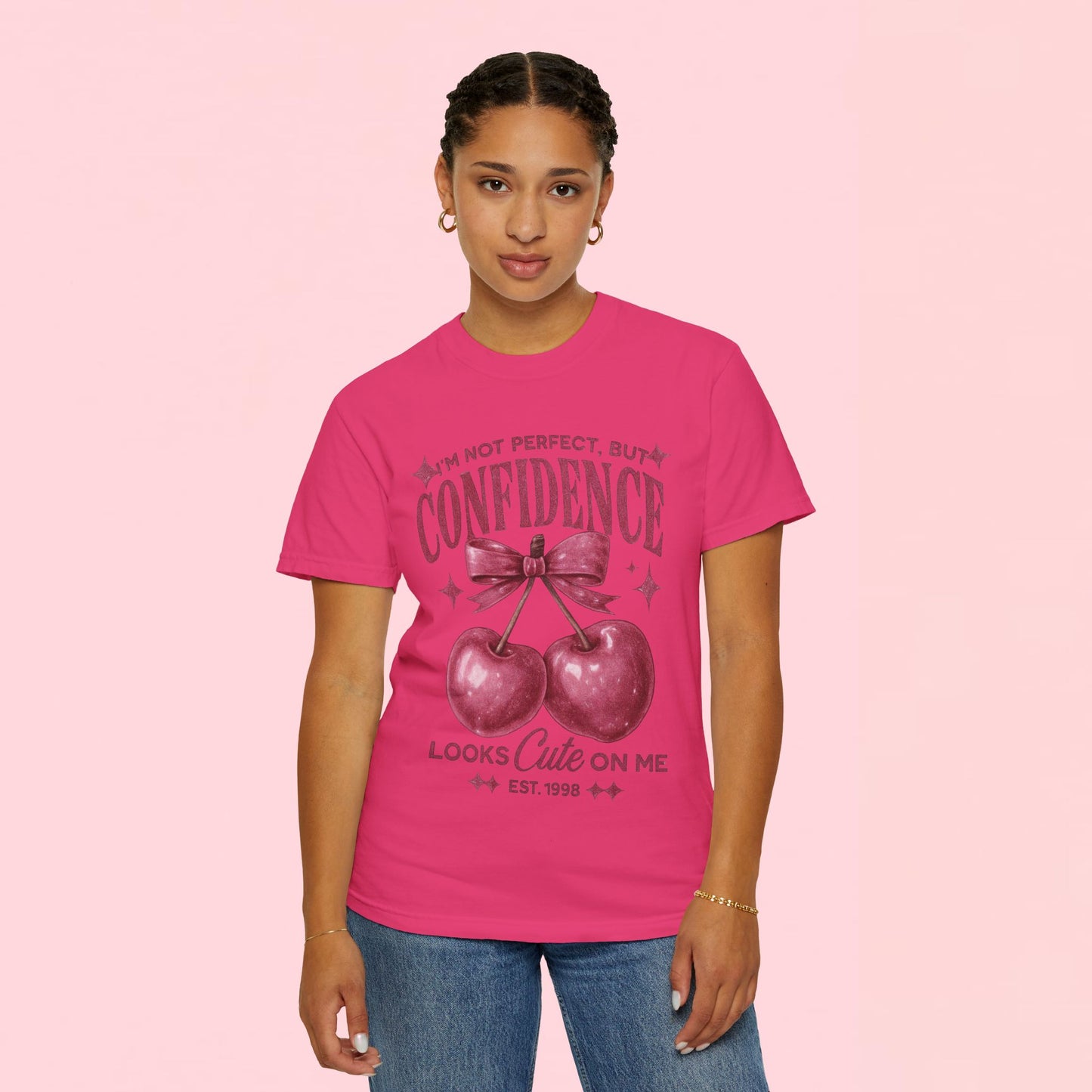 "I'm Not Perfect, But My Confidence Looks Cute on Me" Cherry Graphic T-Shirt