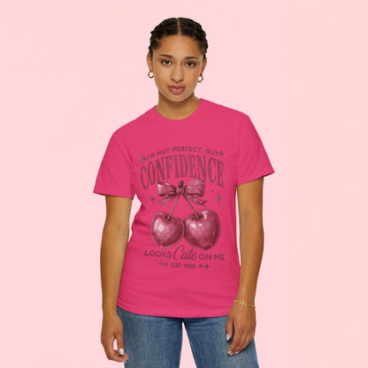 "I'm Not Perfect, But My Confidence Looks Cute on Me" Cherry Graphic T-Shirt