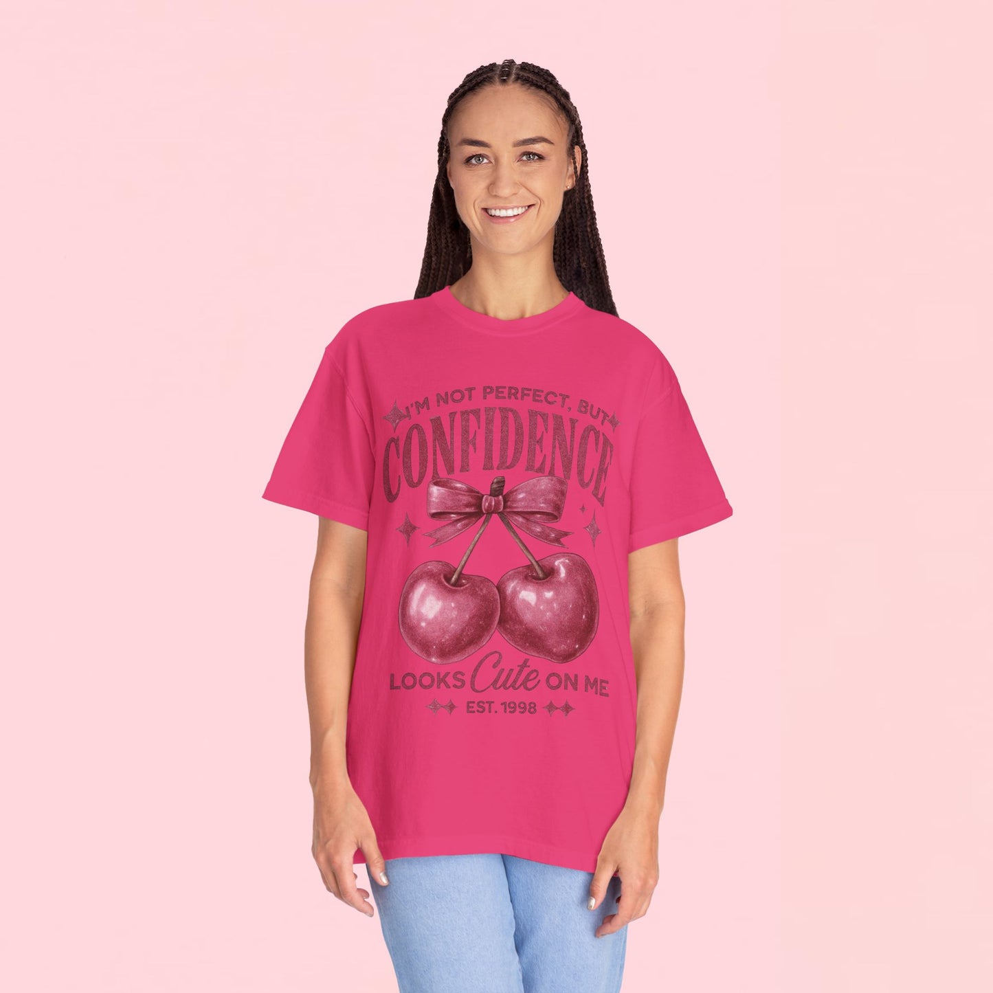 "I'm Not Perfect, But My Confidence Looks Cute on Me" Cherry Graphic T-Shirt