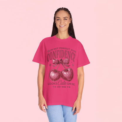 "I'm Not Perfect, But My Confidence Looks Cute on Me" Cherry Graphic T-Shirt