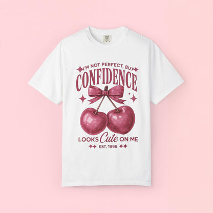 "I'm Not Perfect, But My Confidence Looks Cute on Me" Cherry Graphic T-Shirt