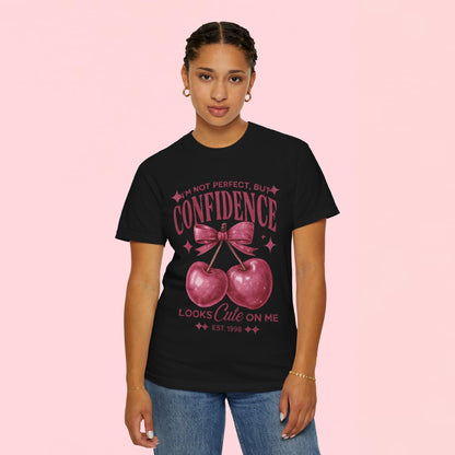 "I'm Not Perfect, But My Confidence Looks Cute on Me" Cherry Graphic T-Shirt